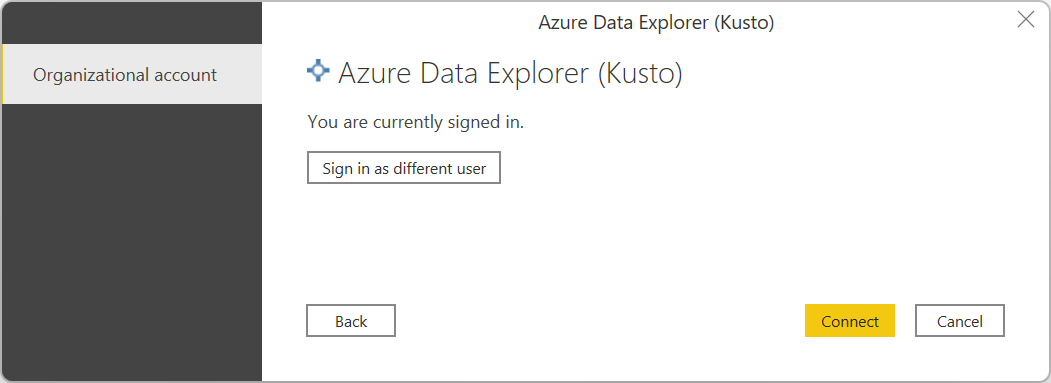 Captura de tela da caixa de diálogo de entrada do Azure Data Explorer, com a conta organizacional pronta para ser conectada.