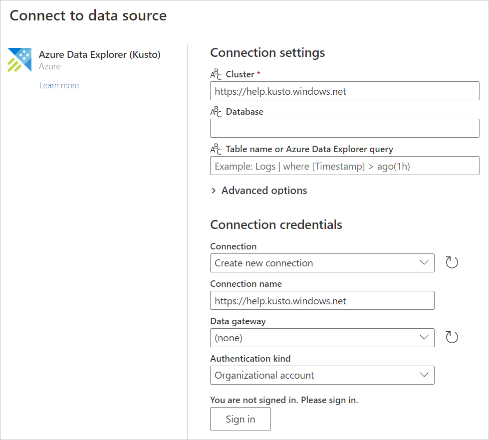 Captura de tela da página Escolher fonte de dados para Azure Data Explorer (Kusto), com a URL do cluster inserida.