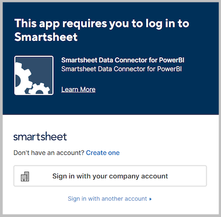 Captura de tela da janela do Smartsheet em que você se conecta ao Smartsheet.