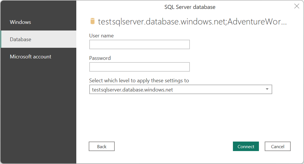 Captura de tela dos métodos de autenticação do conector de banco de dados do SQL Server.