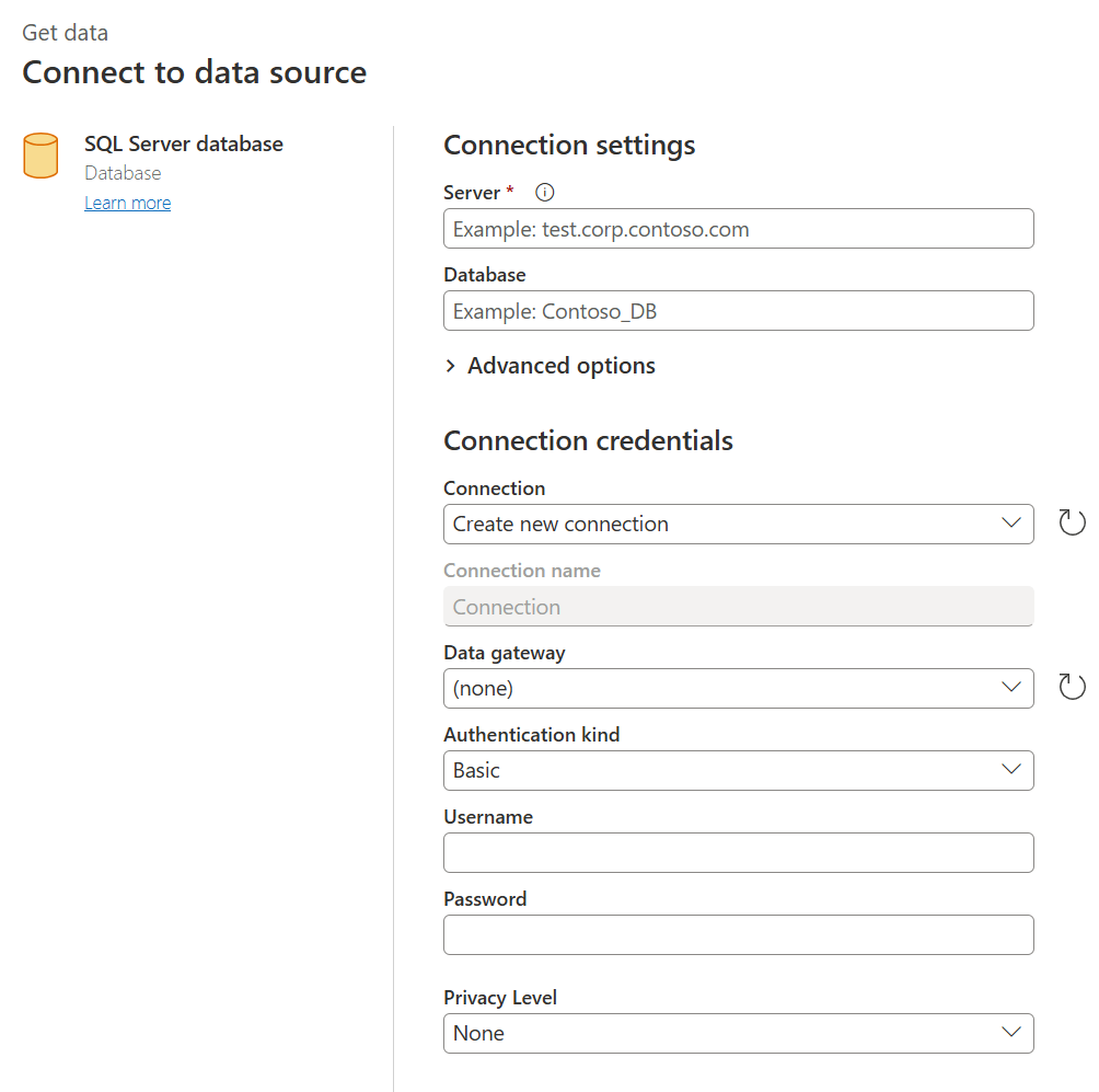 Captura de tela da página Conectar à fonte de dados usando o conector de banco de dados do SQL Server.