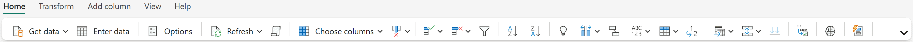 Captura de tela da exibição da faixa de opções compacta na guia Página Inicial da interface do usuário do Power Query.