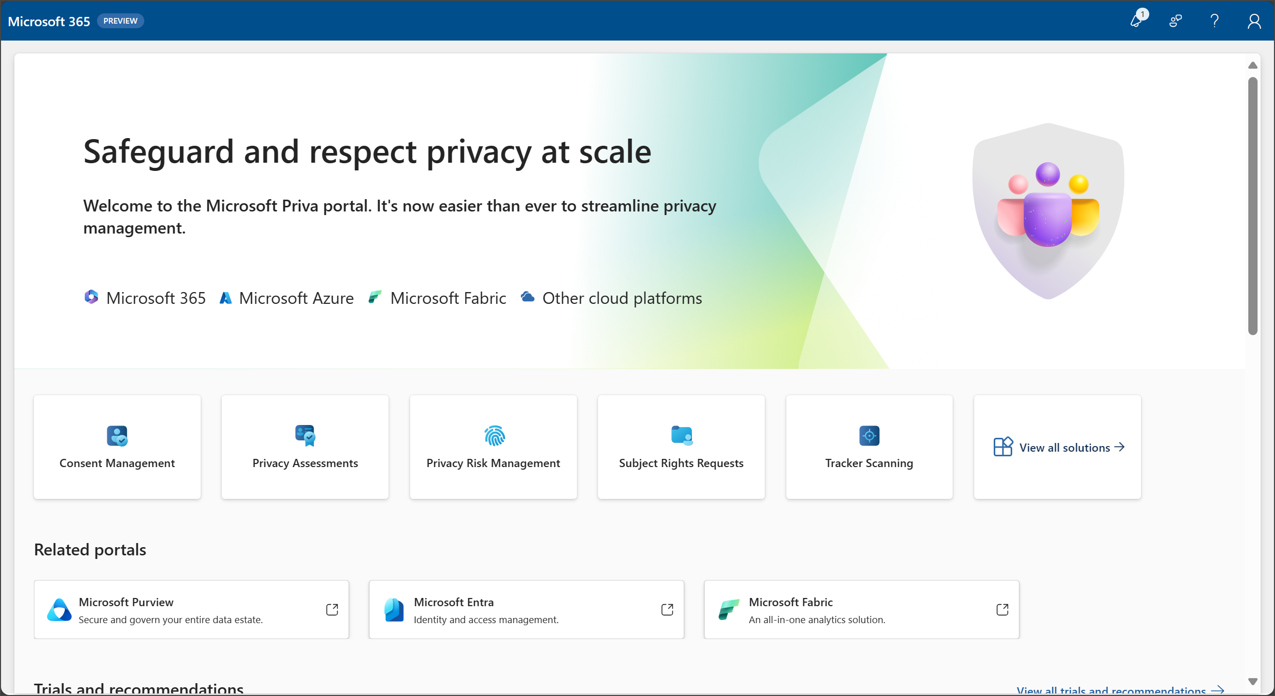 Captura de tela do portal Microsoft Priva.