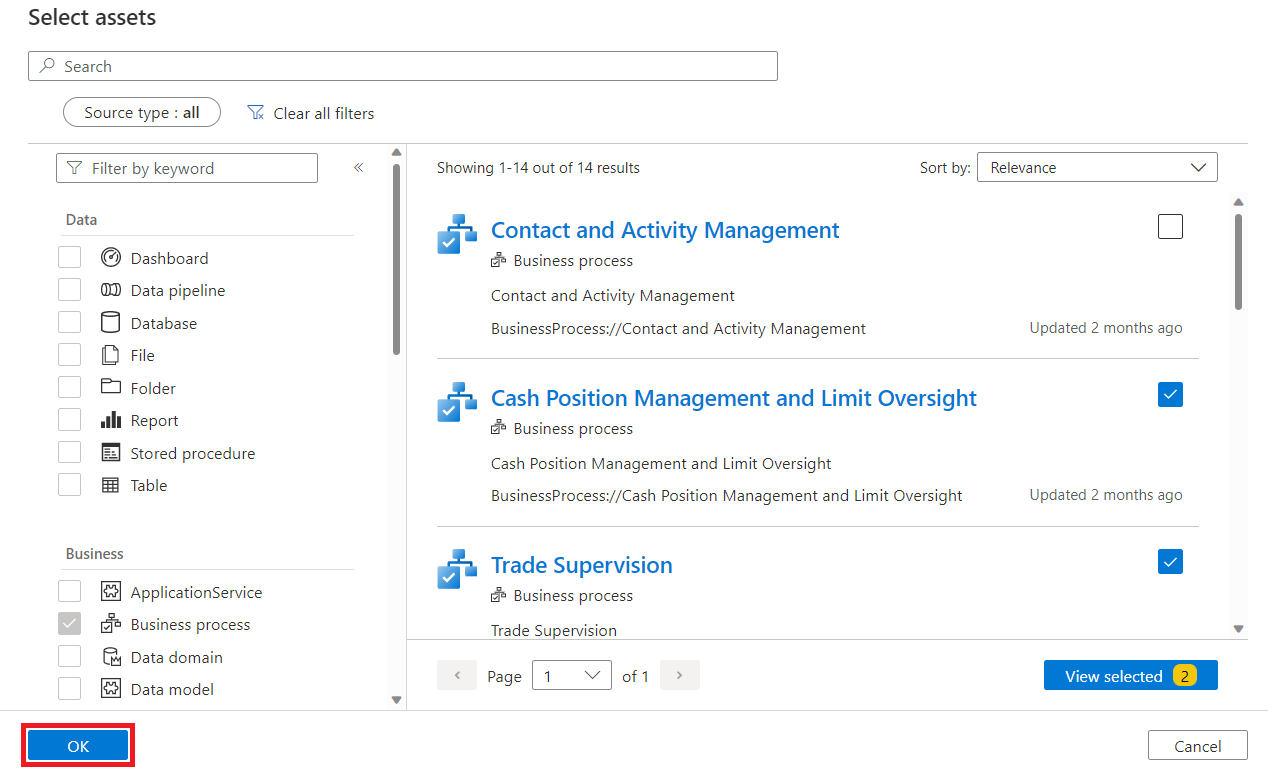 Captura de tela da página selecionar ativos com dois ativos selecionados e o botão Ok realçado.