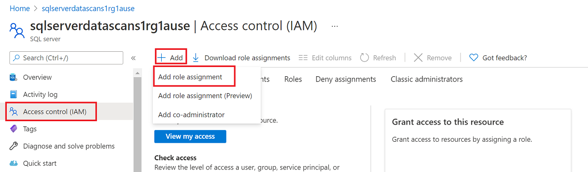 Captura de tela que mostra seleções para adicionar uma atribuição de função para controle de acesso.