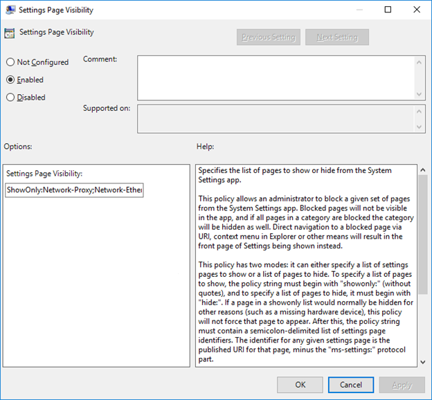 Captura de tela da caixa de entrada de valor na área Opções da janela de configuração da política de Visibilidade da Página de Configurações ao inserir a cadeia de caracteres acima.