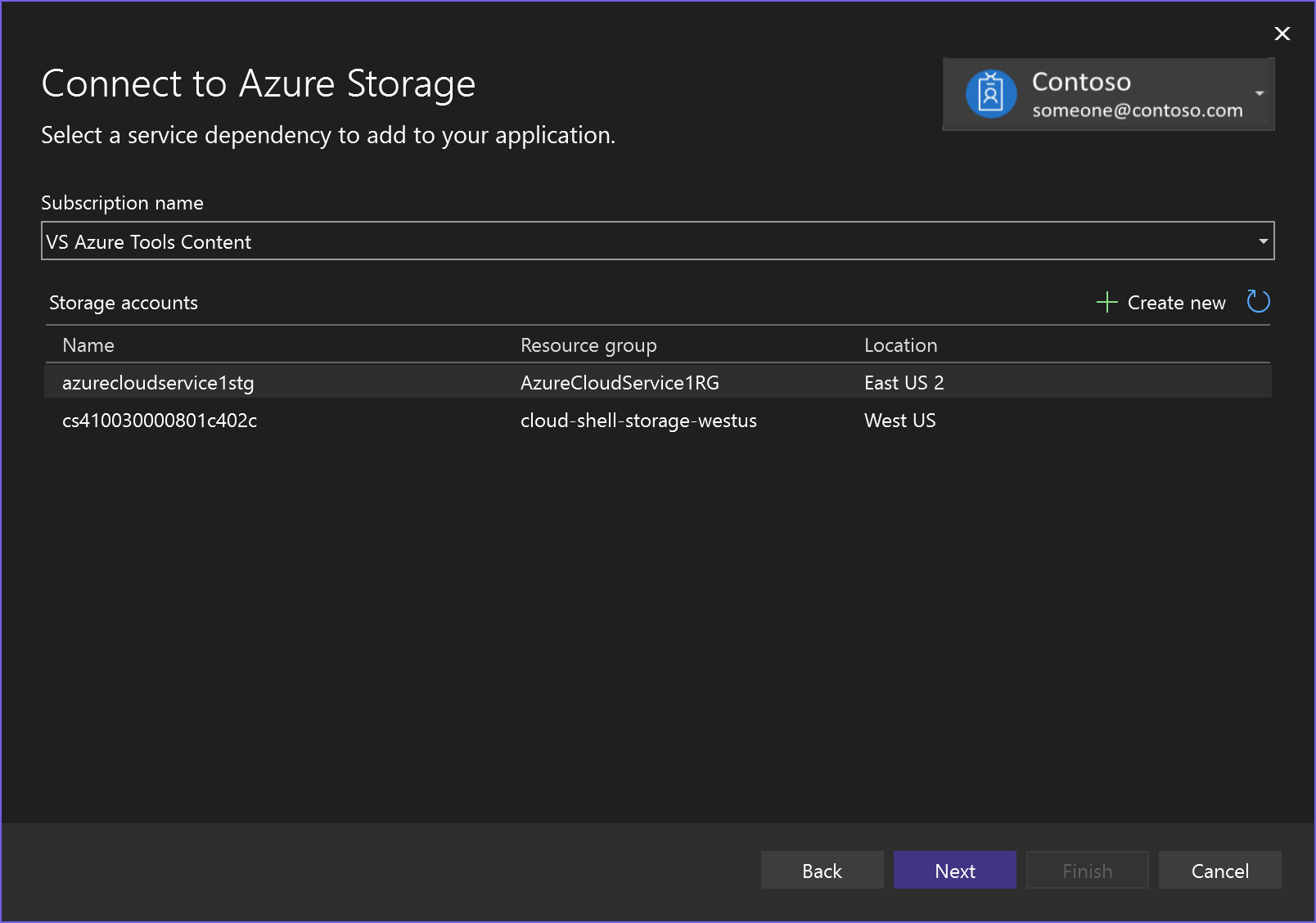 Captura de tela mostrando a adição de uma conta de armazenamento existente ao projeto.
