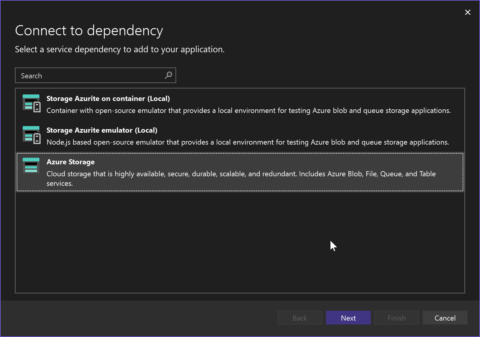 Captura de tela mostrando a conexão com a dependência – Armazenamento do Microsoft Azure.