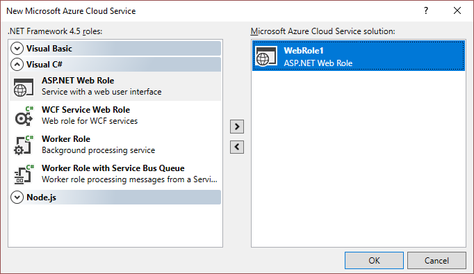 Select new Azure cloud service roles