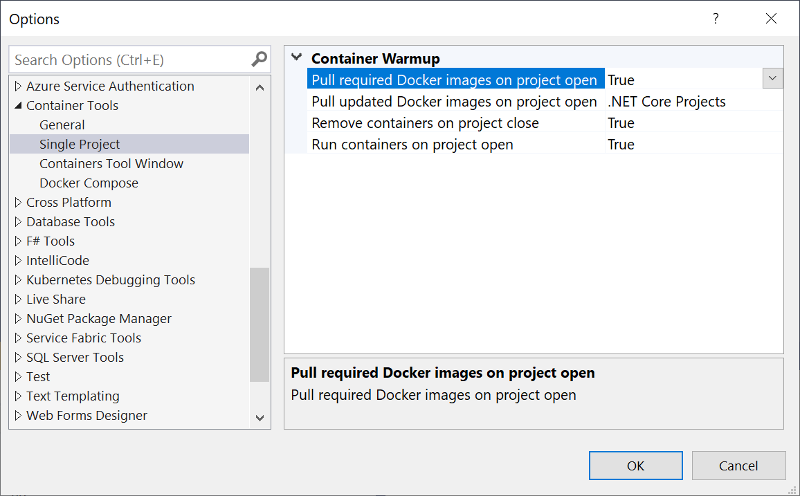 Opções das Ferramentas de Contêiner do Visual Studio, mostrando: Encerrar contêineres no fechamento do projeto, Efetuar pull das imagens necessárias do Docker ao abrir projeto e Executar contêineres no projeto aberto.