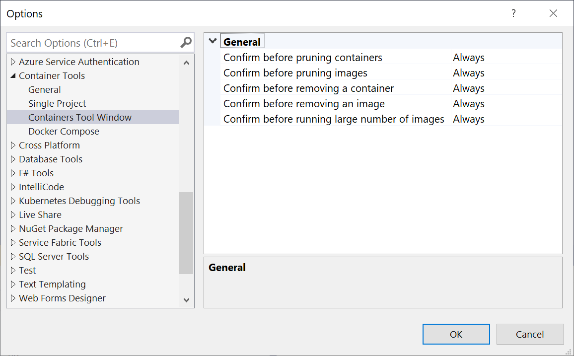 Opções de Ferramentas de Contêiner do Visual Studio, mostrando as configurações disponíveis para a janela de ferramentas Contêineres