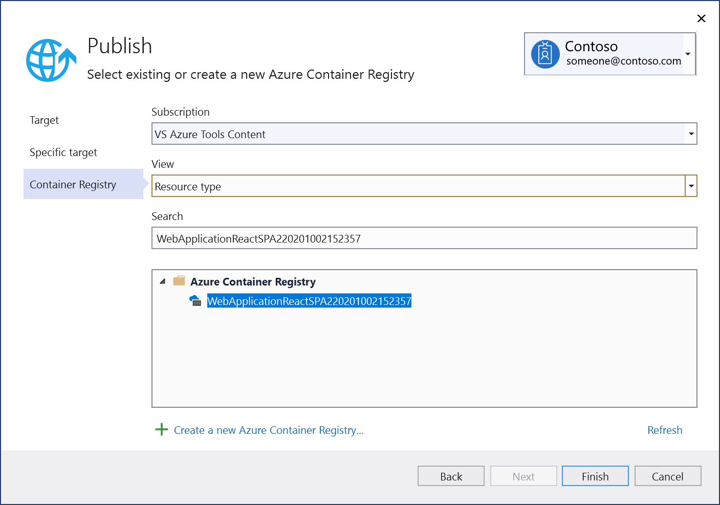 Captura de tela mostrando Selecionar ou criar um novo Registro de Contêiner do Azure.