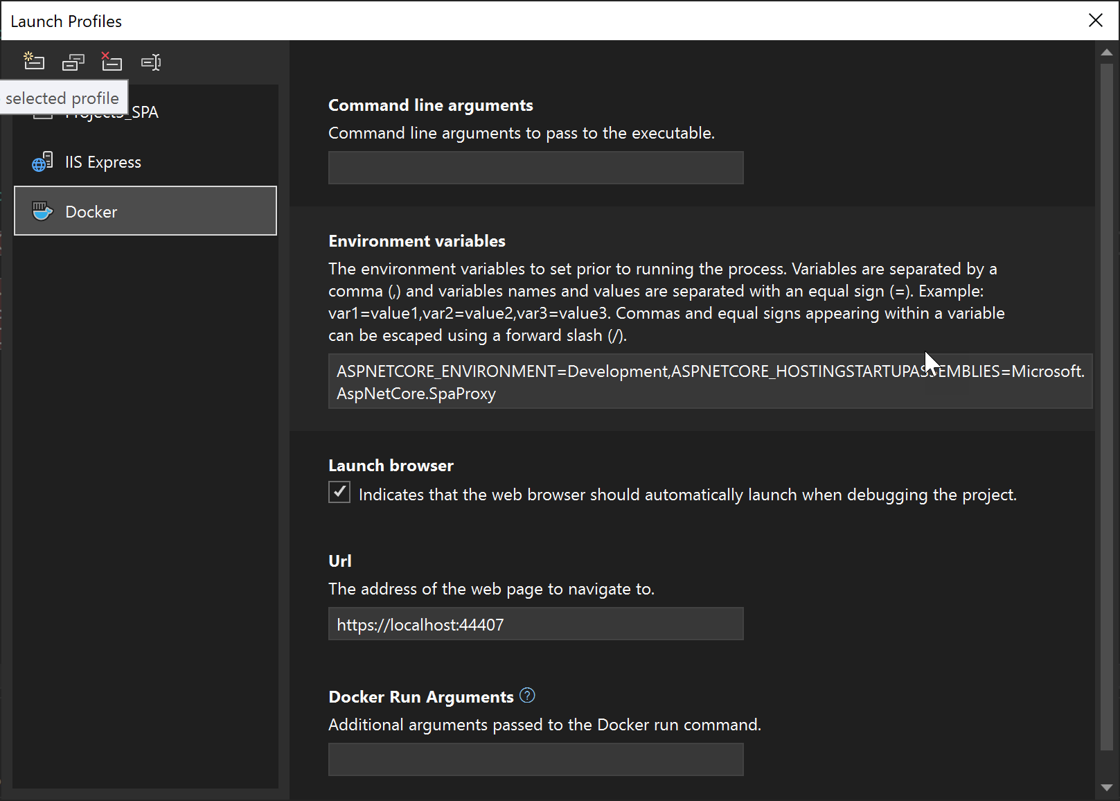 Captura de tela das configurações de Perfil de Inicialização de Depuração para depuração do cliente.