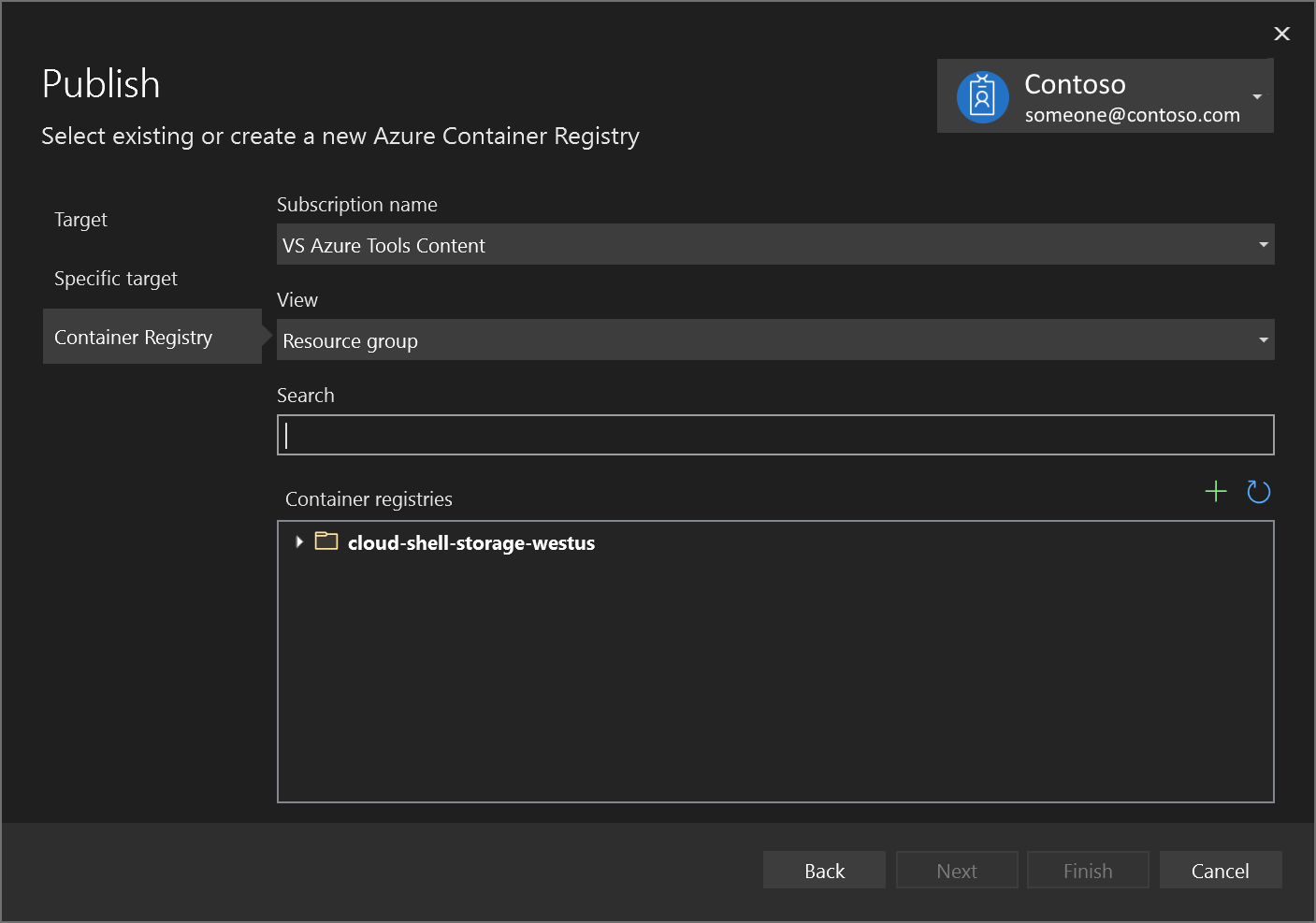 Captura de tela da caixa de diálogo Publicar – escolha Criar um Registro de Contêiner do Azure.