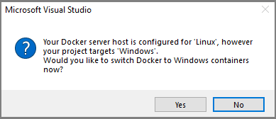Captura de tela do Host do Docker e incompatibilidade de projeto.