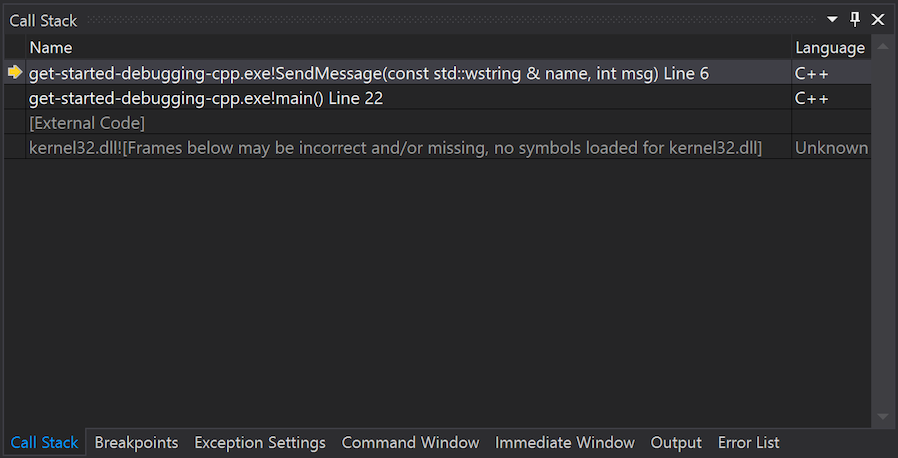 ExamineCallStack Screenshot of examining the call stack.