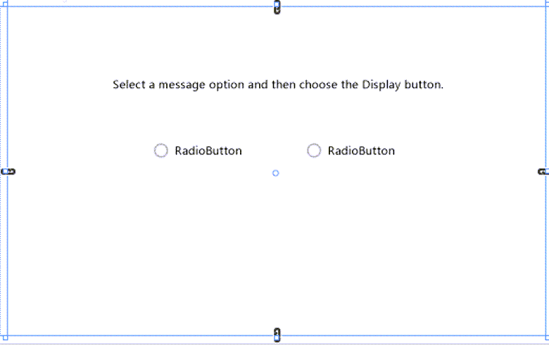 Screenshot of the Design window for MainWindow.xaml, showing a TextBlock control and two RadioButton controls positioned on the design surface. MainWindow form with TextBlock and two radio buttons