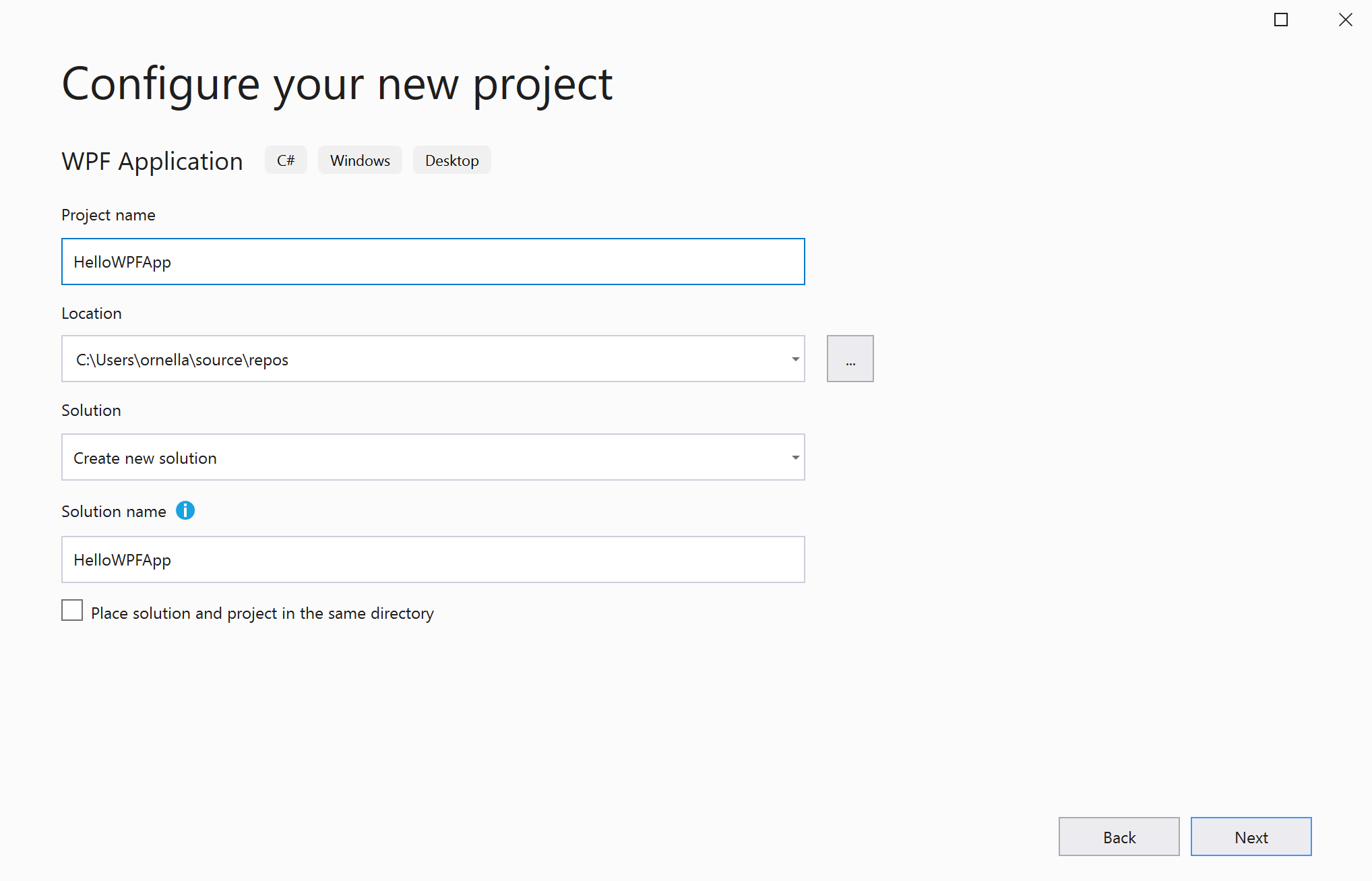 Screenshot of the 'Configure your new project' dialog in Visual Studio with 'HelloWPFApp' entered in the Project name field.