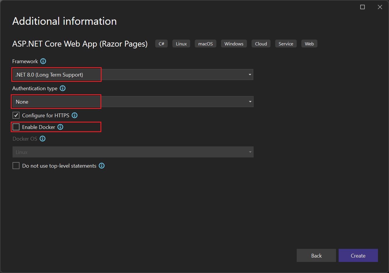 Screenshot that shows the default settings in the Additional information window where the target framework is set to .NET 8.0.