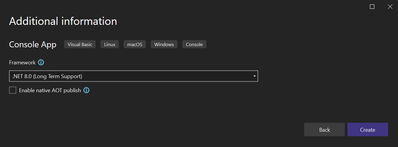Captura de tela da janela Informações adicionais com .NET 8.0 selecionado.
