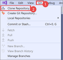 Captura de tela do menu Git no Visual Studio 2019, com uma sobreposição de procedimento 'clonar um repositório'.