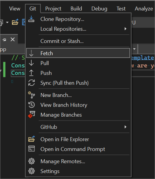 The Git menu with the Fetch option highlighted in Visual Studio 2022.