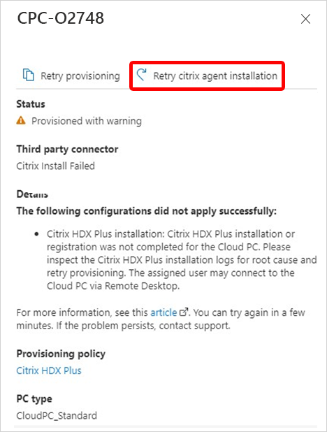 Captura de tela da instalação do agente Citrix de repetição