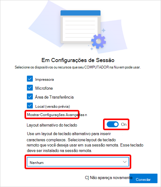 Captura de ecrã da janela Definições em Sessões Esquema de Teclado Alternativo.