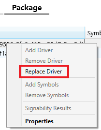 uma imagem mostrando a opção 'substituir driver' no HLK.