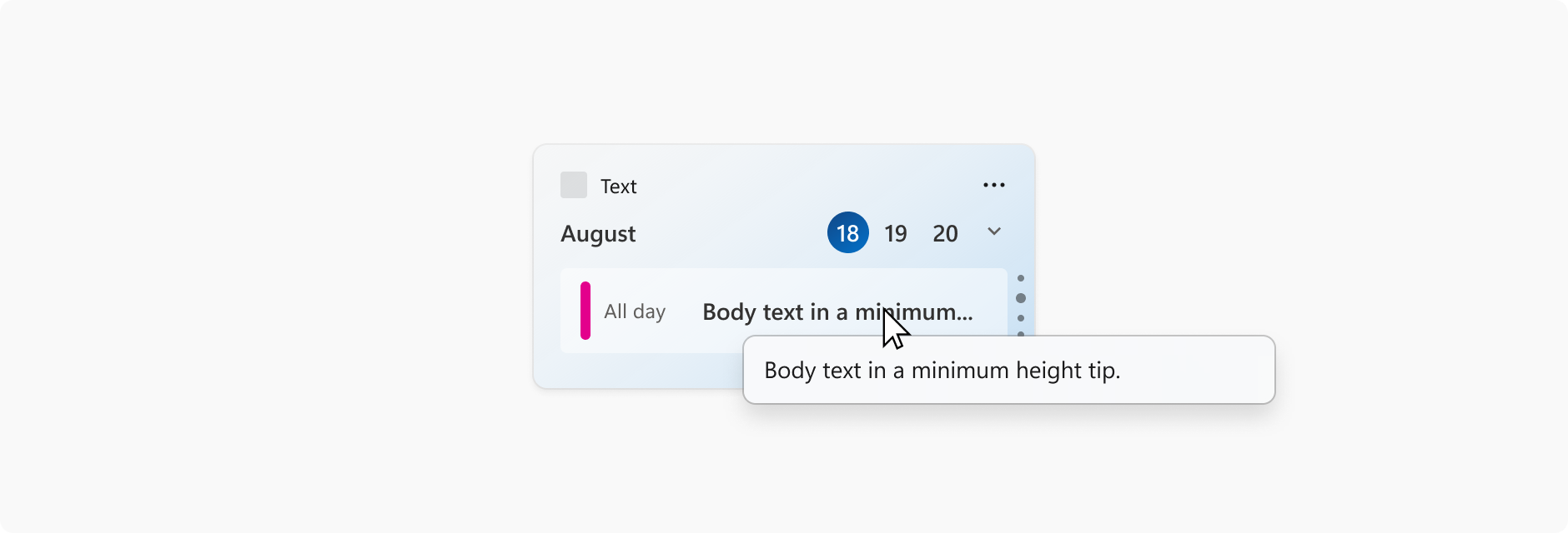 Uma imagem de um widget de calendário mostrando um compromisso no calendário. O cursor do mouse está passando sobre a linha de assunto do compromisso, que está truncada, e uma dica de ferramenta mostra a linha de assunto completa.