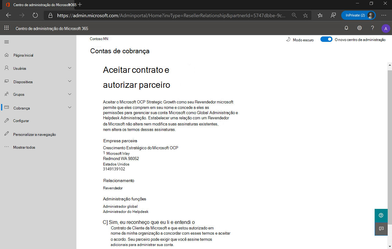 Captura de ecrã da página Aceitar contrato e autorizar parceiro – direitos de administrador delegados.