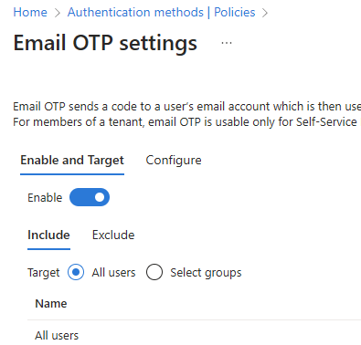 Captura de ecrã a mostrar a ativação do código de acesso único de e-mail.