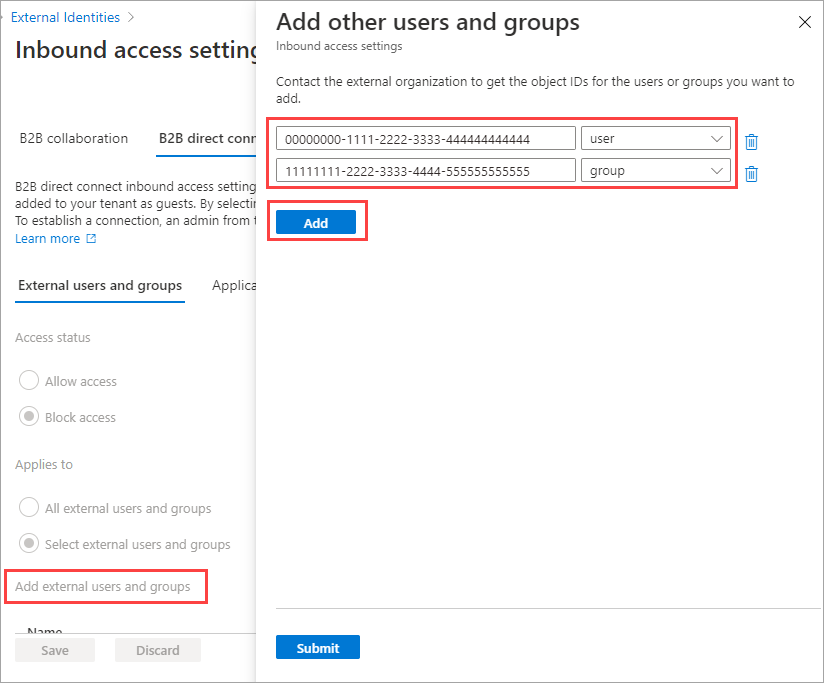 Captura de tela mostrando a adição de usuários externos para conexão direta b2b de entrada