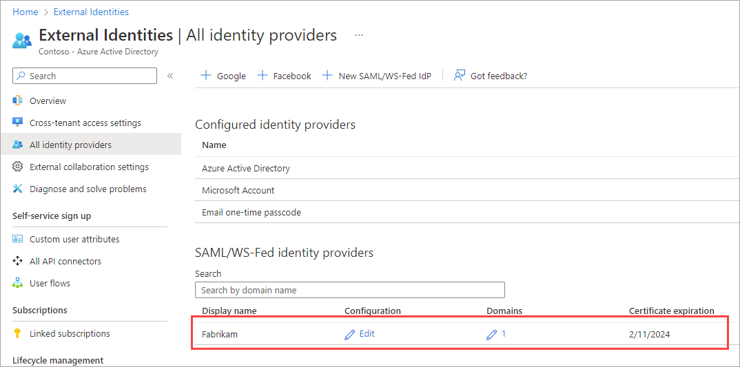 Screenshot showing the SAML/WS-Fed identity provider list with the new entry.