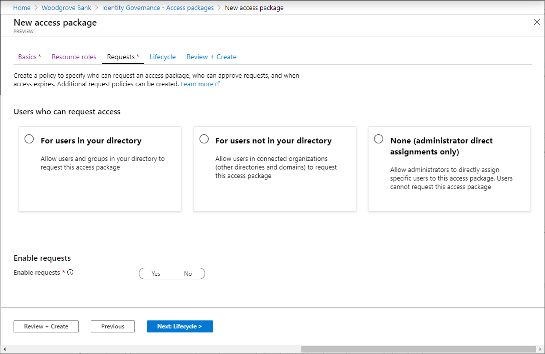 Captura de tela que mostra a guia Solicitações para um novo pacote de acesso.