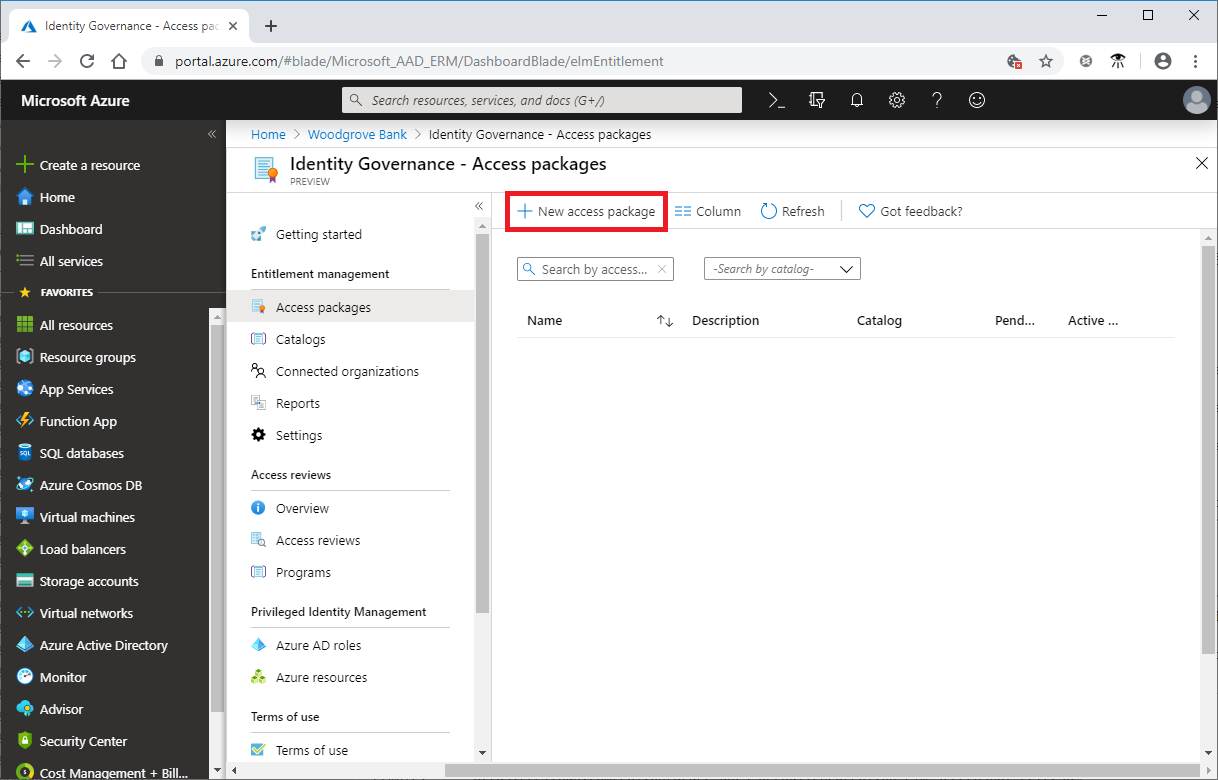 Captura de tela que mostra o botão para criar um novo pacote de acesso no centro de administração do Microsoft Entra.