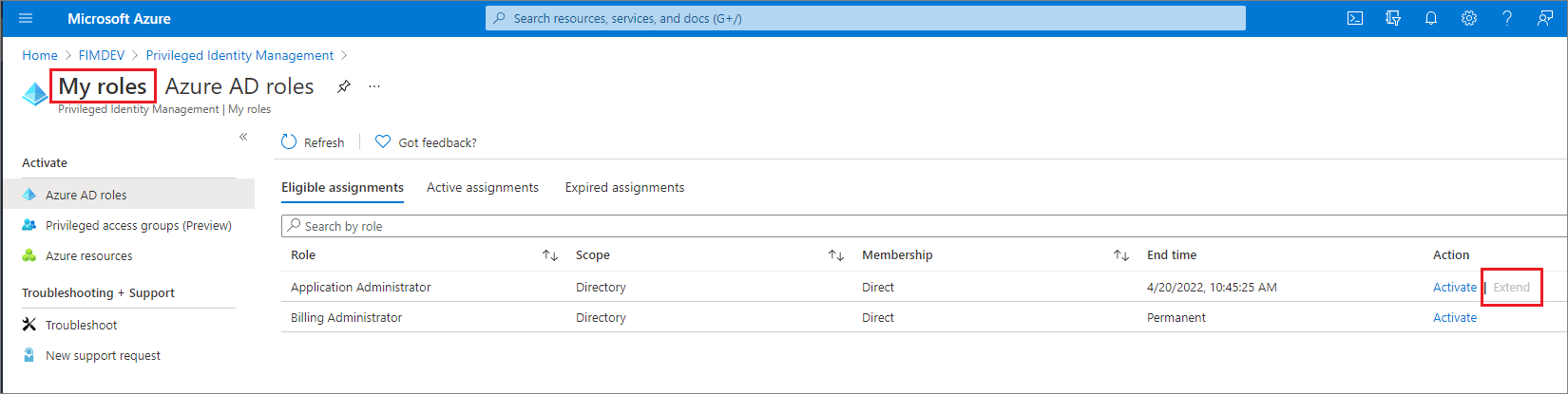 Funções do Microsoft Entra - Página Minhas funções listando funções qualificadas com uma coluna Ação.