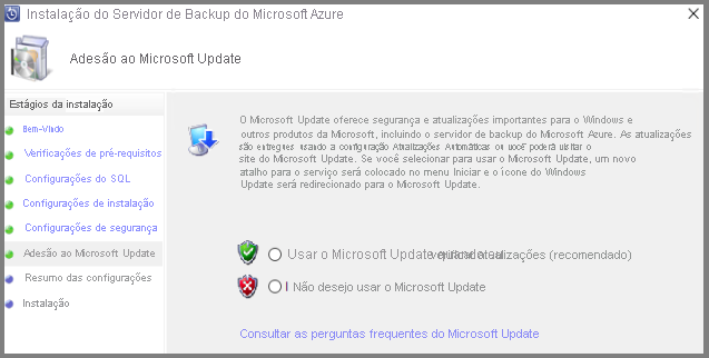 Ecrã de aceitação do Microsoft Update