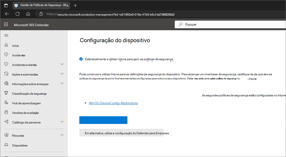 Captura de ecrã a mostrar um ecrã que pede ao utilizador para continuar a utilizar Intune ou mudar para o portal Microsoft Defender.