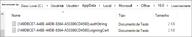 Captura de ecrã do caminho do ficheiro a mostrar os ficheiros de licenciamento do Office na pasta AppData local.