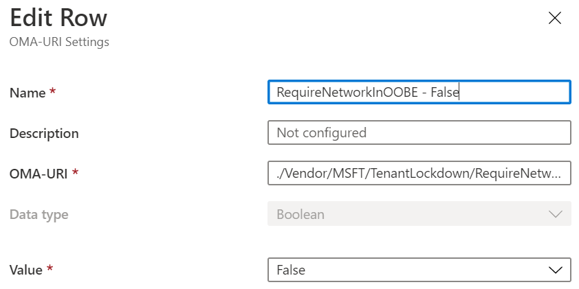 Captura de ecrã a mostrar a definição RequireNetworkInOOBE como falso através do URI do OMA no Intune.