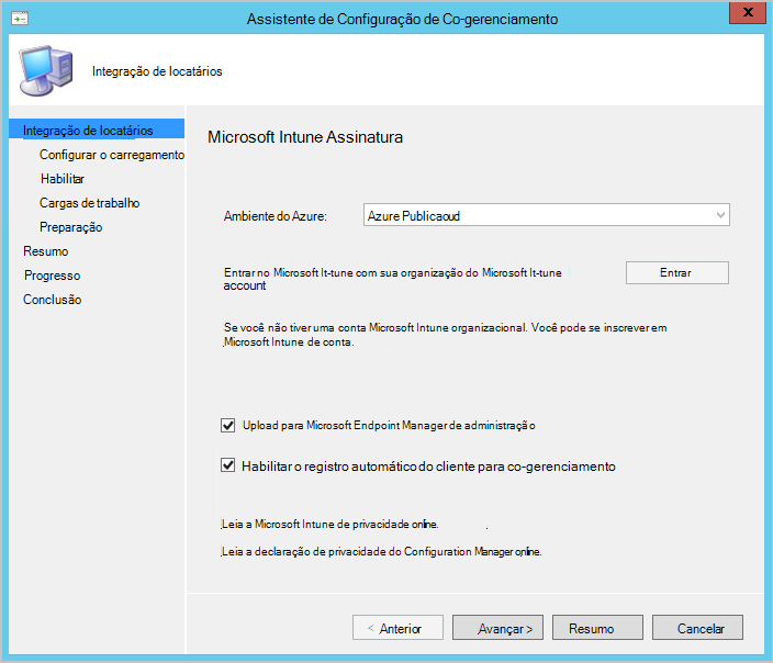 Assistente de configuração de cogestão