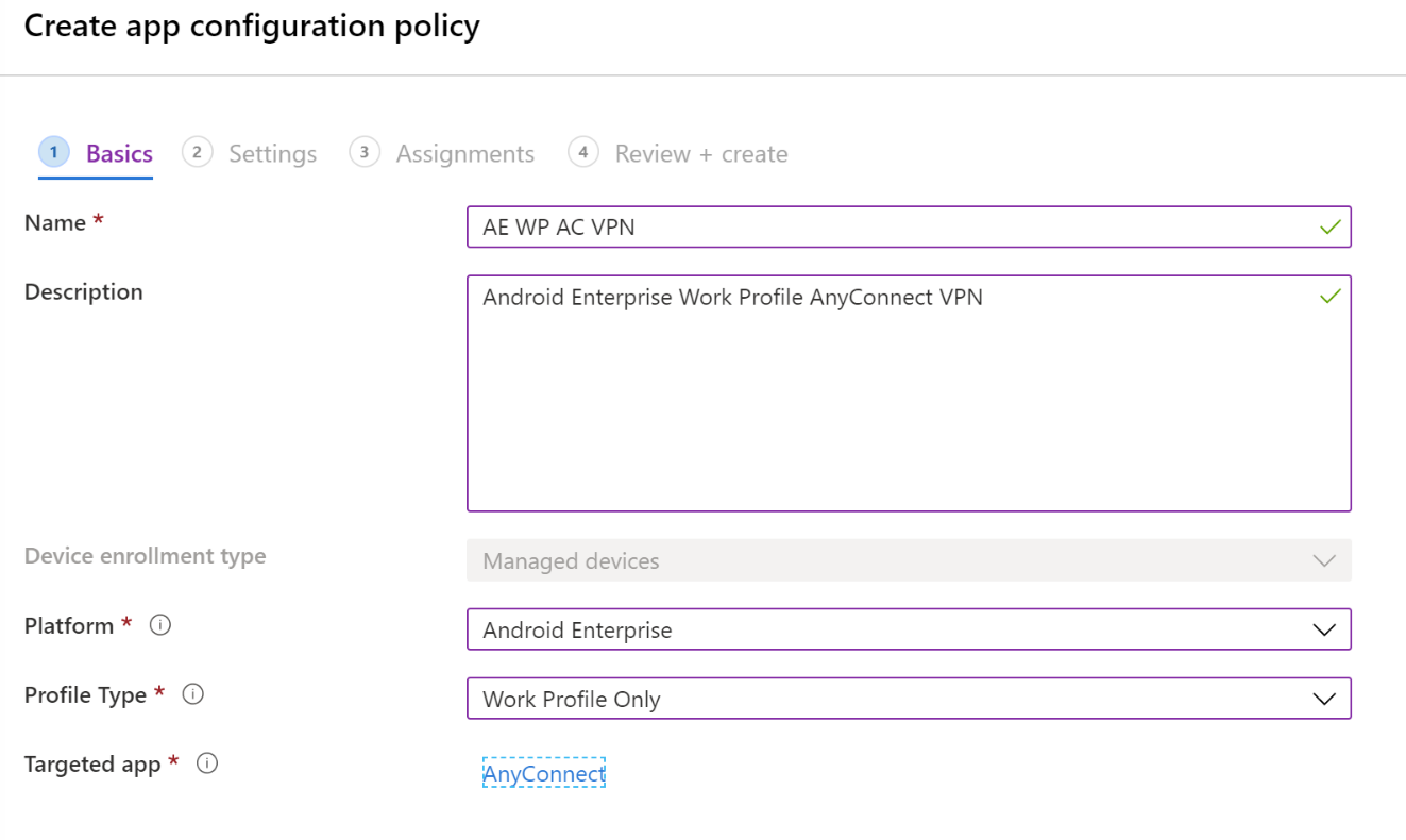 Crie uma política de configuração de aplicativos para configurar VPN ou VPN por aplicação em Microsoft Intune