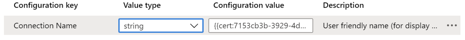 O valor de configuração mostra o símbolo do certificado numa política de configuração de aplicações VPN em Microsoft Intune