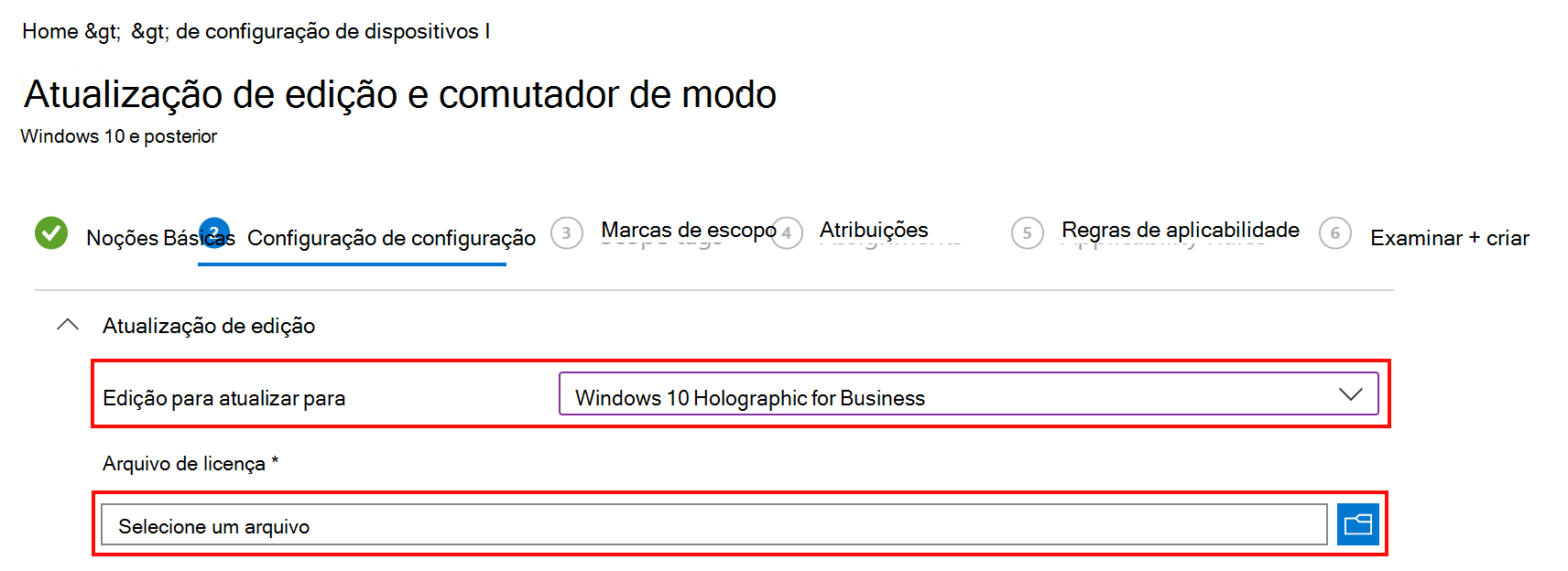 No Intune, introduza o nome de ficheiro XML que inclui as informações de licença do Holographic for Business.