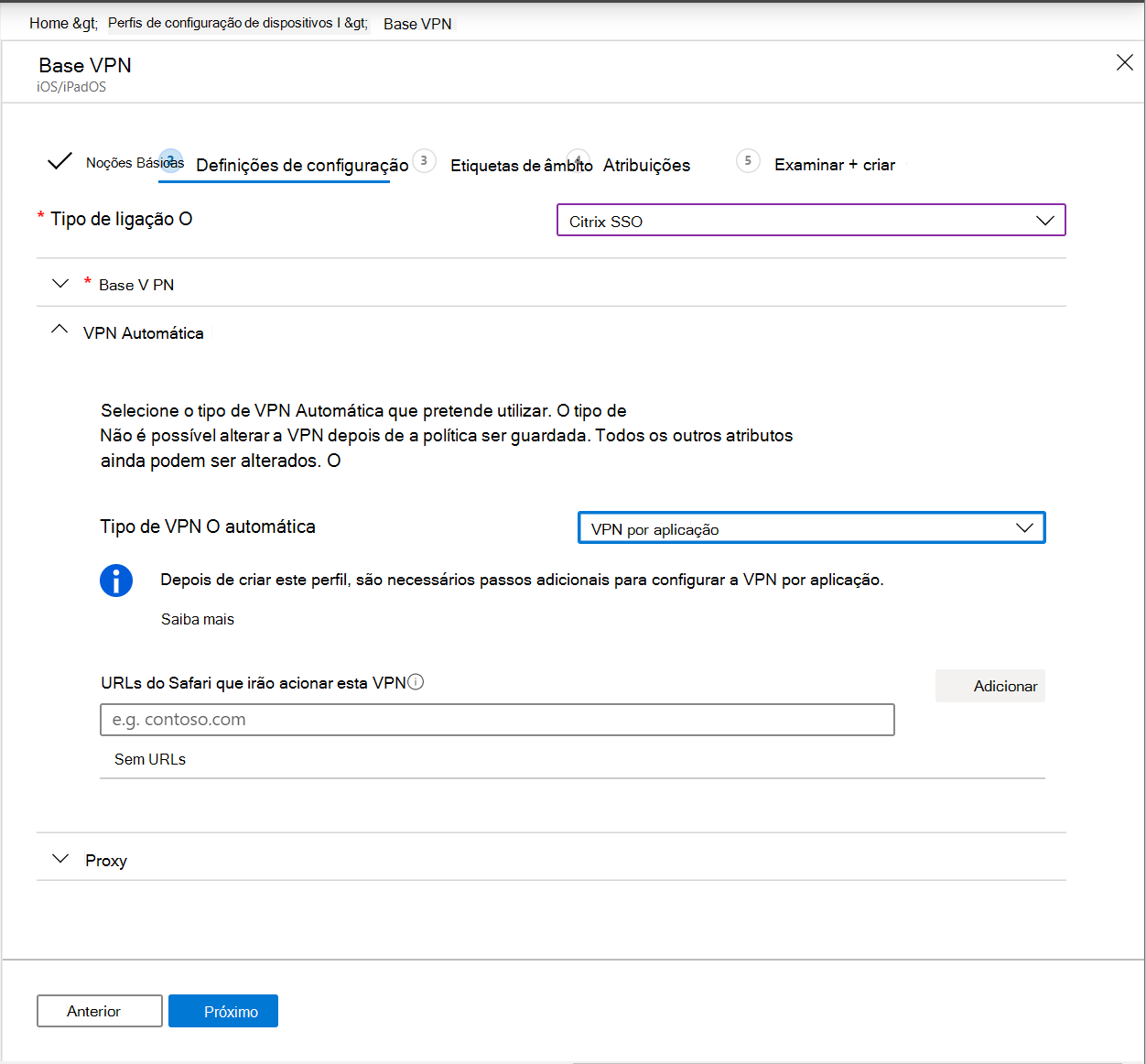 Captura de ecrã que mostra a VPN Automática definida como VPN por aplicação em dispositivos iOS/iPadOS no Microsoft Intune.