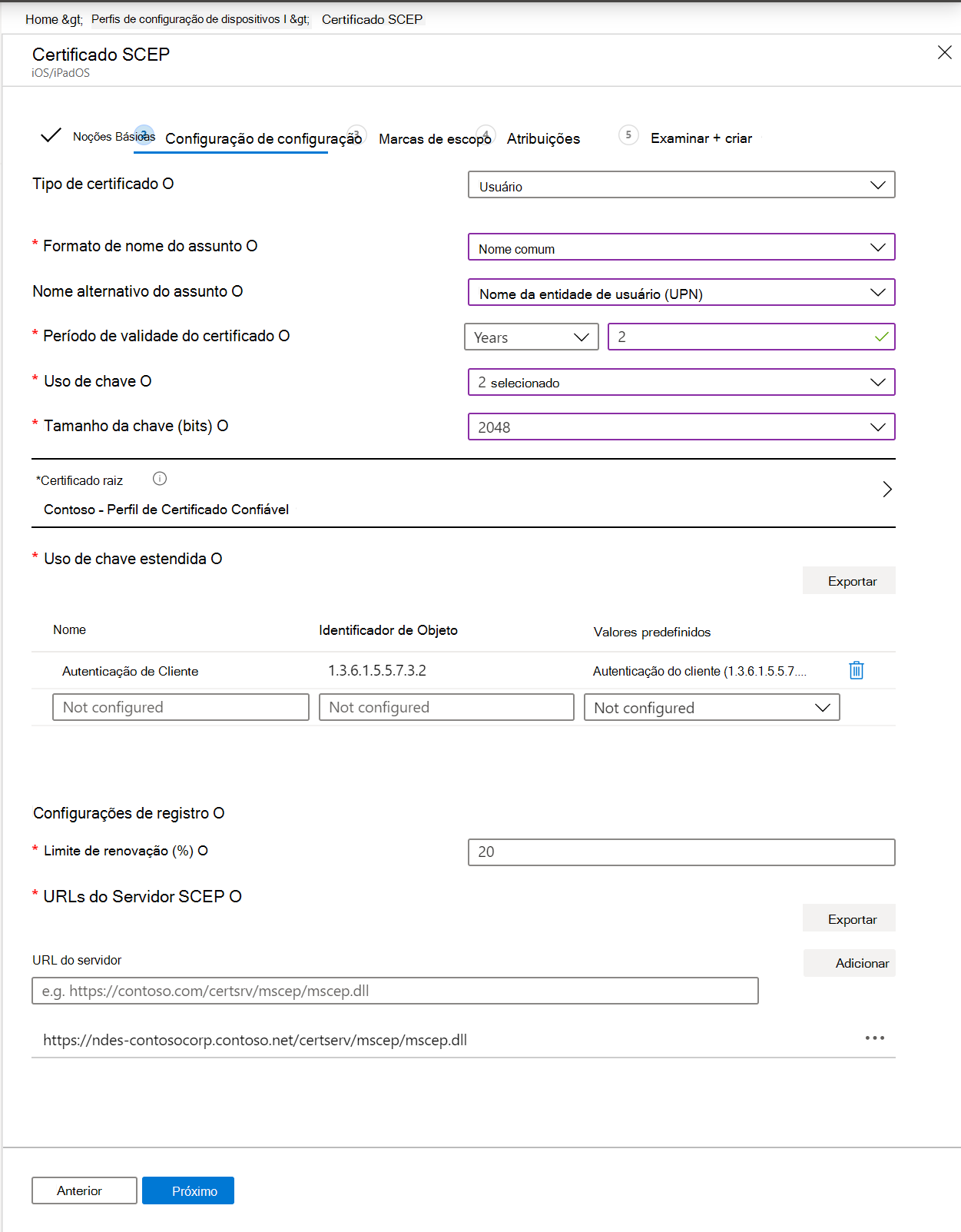 Crie um perfil de certificado SCEP no Microsoft Intune e no centro de administração do Intune. Inclua o formato do nome do requerente, a utilização da chave, a utilização expandida da chave e muito mais.