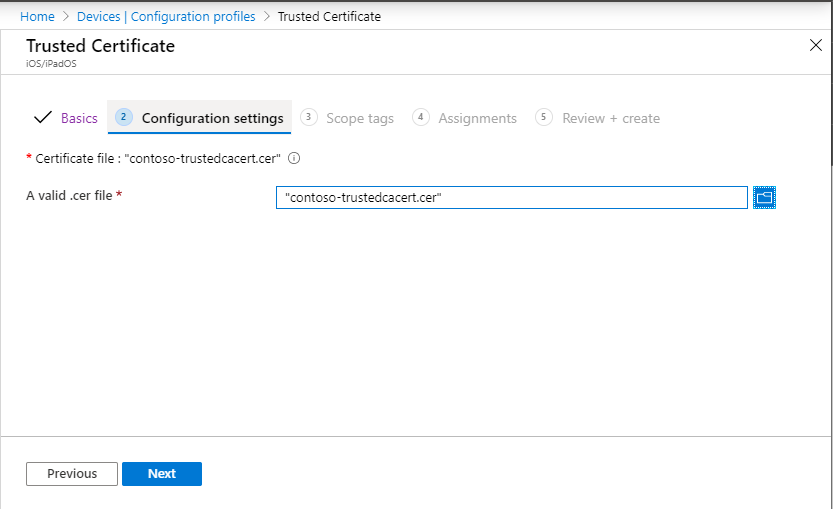 Crie um perfil de certificado fidedigno para dispositivos iOS/iPadOS no Microsoft Intune e no centro de administração do Intune.