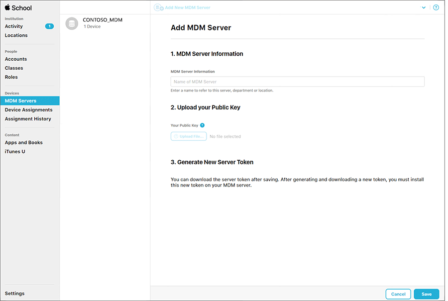 Screenshot do portal Apple School Manager com opção MDM Servers selecionada