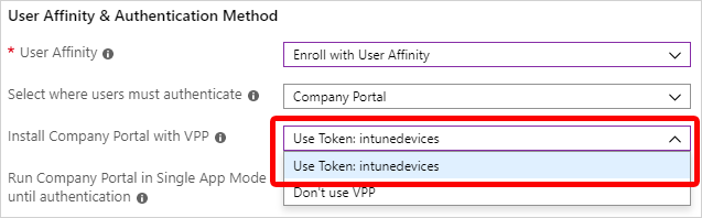 Screenshot que mostra as opções para instalar a aplicação Portal da Empresa com VPP.